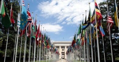 Flags flying at the Allée des Nations in front of the Palace of Nations (United Nations Office at Geneva). Photo by Tom Page, Wikimedia Commons.