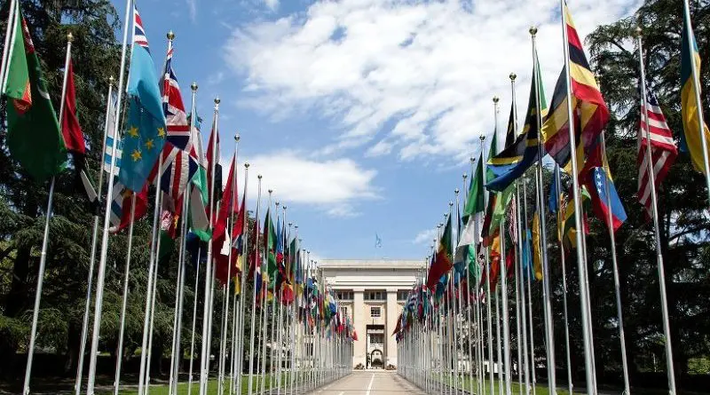 Flags flying at the Allée des Nations in front of the Palace of Nations (United Nations Office at Geneva). Photo by Tom Page, Wikimedia Commons.