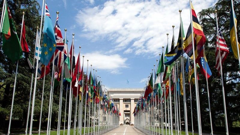 Flags flying at the Allée des Nations in front of the Palace of Nations (United Nations Office at Geneva). Photo by Tom Page, Wikimedia Commons.