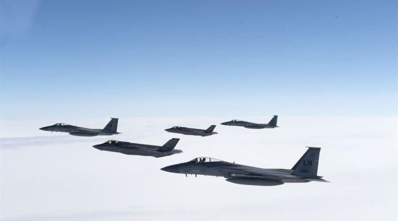 Two Air Force F-35A Lightning IIs from the 388th Fighter Squadron and three F-15C Eagles from the 493rd Fighter Squadron fly in formation during a training sortie over the United Kingdom, April 27, 2017. The F-35As first arrived at Royal Air Force Lakenheath, England, April 15, from Hill Air Force Base, Utah, marking the aircraft’s first flying training deployment to Europe. Air Force photo by Tech. Sgt. Roidan Carlson