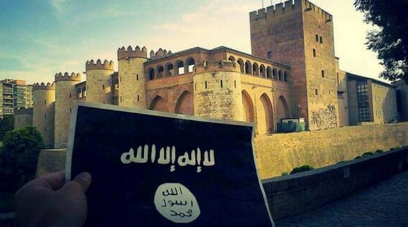 A photo that was tweeted by an Islamic State supporter holding the IS black flag of jihad in front of Aljafería Palace in Zaragoza, Spain.