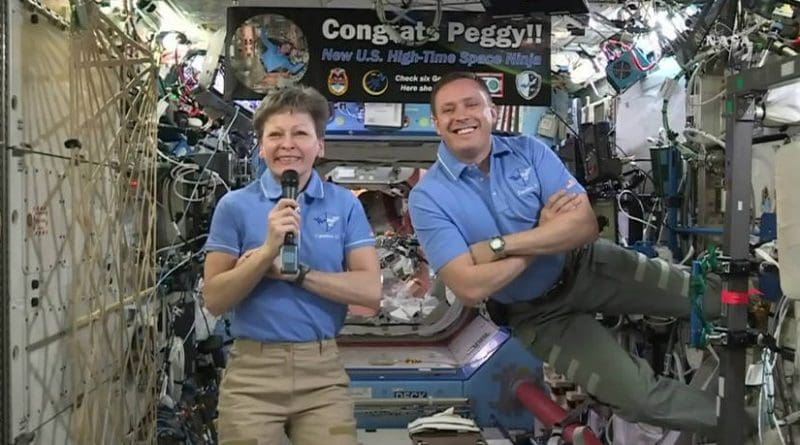 NASA astronaut Peggy Whitson, currently living and working aboard the International Space Station, broke the record Monday for cumulative time spent in space by a U.S. astronaut – an occasion that was celebrated with a phone call from President Donald Trump, First Daughter Ivanka Trump, and fellow astronaut Kate Rubins. Credits: NASA TV