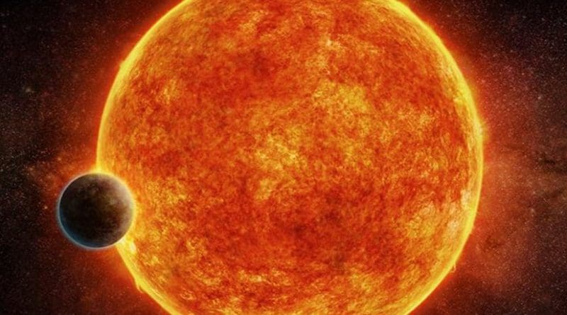 An artist's impression of the newly-discovered rocky exoplanet, LHS 1140b. This planet is located in the liquid water habitable zone surrounding its host star, a small, faint red star named LHS 1140. The planet weighs about 6.6 times the mass of Earth and is shown passing in front of LHS 1140. Depicted in blue is the atmosphere the planet may have retained. Credit M. Weiss/CfA.