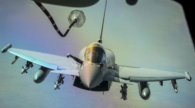 A U.S. Air Force KC-10 Extender refuels a British aircraft during a sortie to support Combined Joint Task Force Operation Inherent Resolve over Iraq, March 22, 2017. Extenders have provided fuel to coalition aircraft to weaken and destroy the Islamic State of Iraq and Syria. Air Force photo by Senior Airman Tyler Woodward