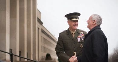 US Secretary of Defense James Mattis is greeted by Chairman of the Joint Chiefs of Staff, Gen. Joseph F. Dunford Jr. Photo taken by Department of Defense’s D. Myles Cullen, Wikimedia Commons.