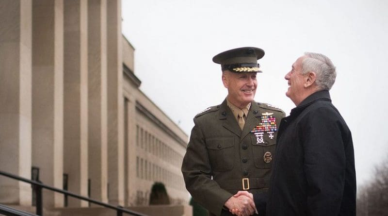 US Secretary of Defense James Mattis is greeted by Chairman of the Joint Chiefs of Staff, Gen. Joseph F. Dunford Jr. Photo taken by Department of Defense’s D. Myles Cullen, Wikimedia Commons.