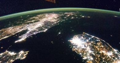 Korean Peninsula seen from Space Station. North Korea's capital city, Pyongyang, appears like a small island. Credit: NASA
