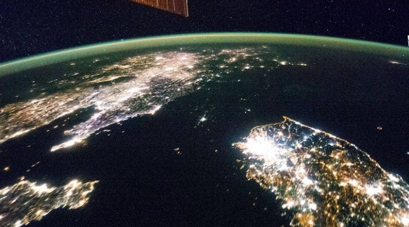 Korean Peninsula seen from Space Station. North Korea's capital city, Pyongyang, appears like a small island. Credit: NASA