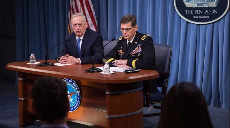 US Defense Secretary Jim Mattis and Army Gen. Joseph Votel, commander of U.S. Central Command, brief reporters at the Pentagon, April 11, 2017. DoD photo by Air Force Staff Sgt. Jette Carr