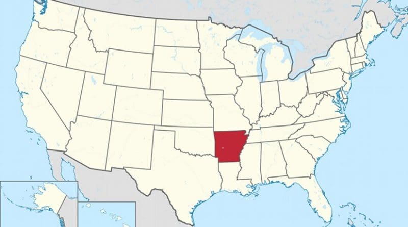 Map of the United States with Arkansas highlighted. Source: Wikipedia Commons.