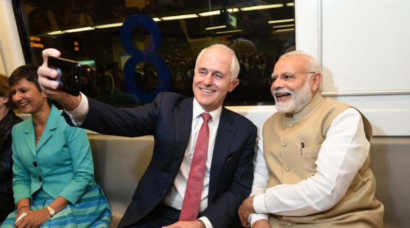 India's PM Narendra Modi and Australian PM Malcolm Turnbull take a metro ride to Akshardham Temple. Photo Credit: India's PM Office.