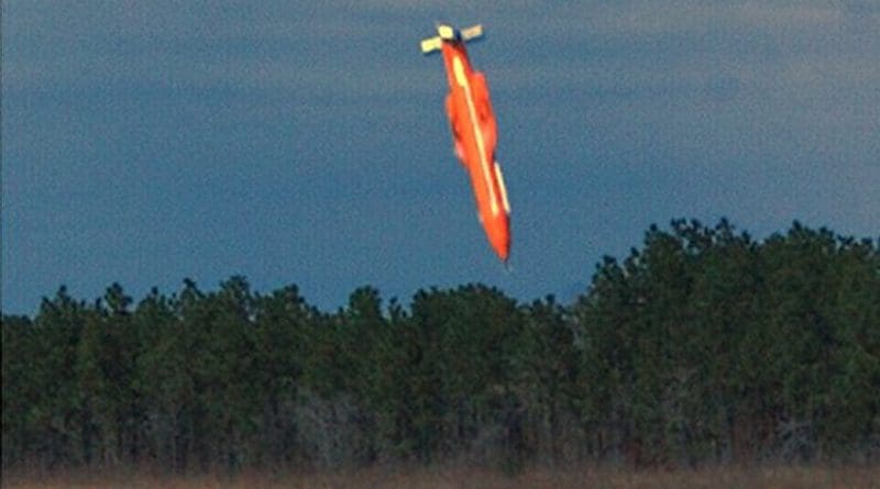 A US-made guided bomb unit-43/B Massive Ordnance Air Blast bomb prototype is shown moments before impact. The detonation created a mushroom cloud that could be seen 20 miles away. Photo Credit: U.S. Air Force.