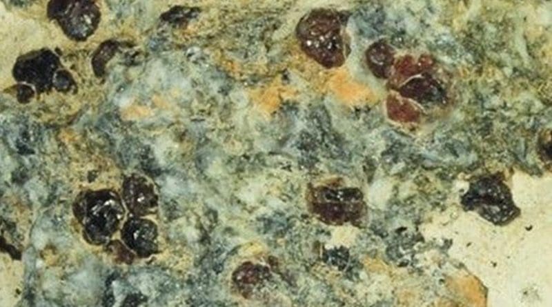 The fragment of the metamorphic rock eclogite in which the garnet that encased the ferric-iron-rich majorite sample was found in Northern China. Credit Image is courtesy of Yingwei Fei.