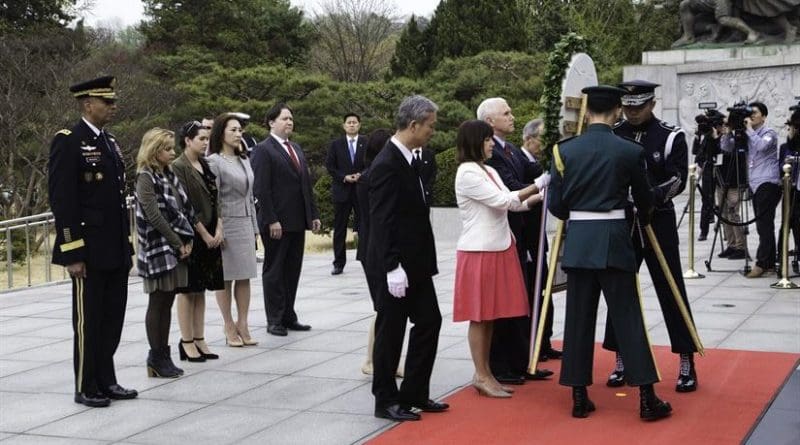 Vice President Mike Pence and his wife, Karen, place a wreath at the Seoul National Cemetery in South Korea, April 16, 2017, during his first trip to Asia as vice president. Army photo by Sgt. 1st Class Sean K. Harp