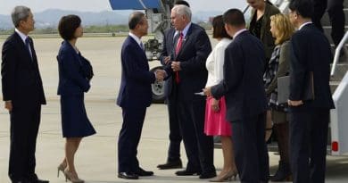 Vice President Mike Pence and his wife, Karen Pence, exchange greetings with South Korean Vice Foreign Minister Lim Sung-nam after arriving at Osan Air Base, South Korea, April 16, 2017. Air Force photo by Alex Fox Echols III