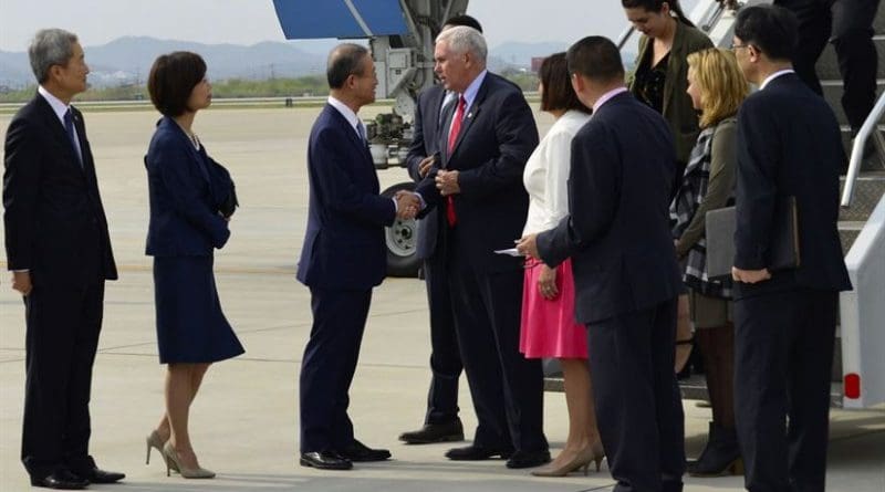 Vice President Mike Pence and his wife, Karen Pence, exchange greetings with South Korean Vice Foreign Minister Lim Sung-nam after arriving at Osan Air Base, South Korea, April 16, 2017. Air Force photo by Alex Fox Echols III