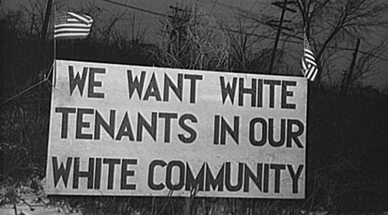 White tenants seeking to prevent blacks from moving into the Sojourner Truth housing project in Detroit erected this sign, 1942. Photo by Arthur S. Siegel, Wikipedia Commons.