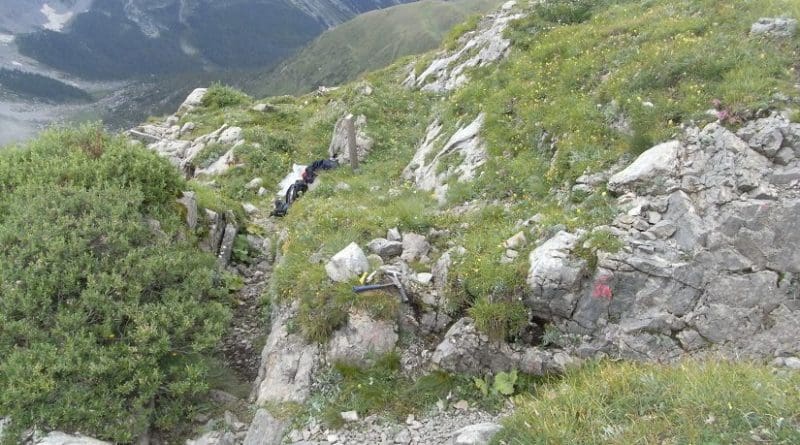 A dark patch of rock on the left marks the Rauchkofel Boden trench, dug in the Cardiola Formation of the Austrian Alps during World War I. Many fossils have been found at the site. Credit Photo courtesy of Annalisa Ferretti, University of Modena and Reggio Emilia.