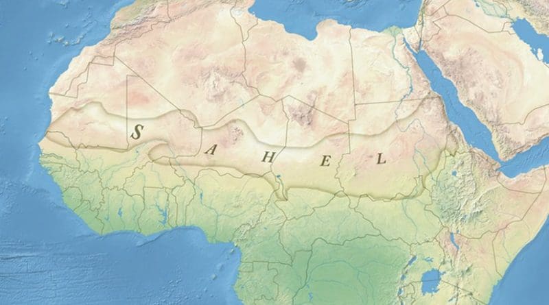 The Sahel region in Africa: a belt up to 1,000 km (620 mi) wide that spans the 5,400 km (3,360 mi) from the Atlantic Ocean to the Red Sea. Source: Wikipedia Commons.