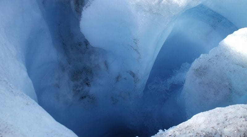 A meltwater river on a Greenland glacier. Photo by Halorache, Wikipedia Commons.