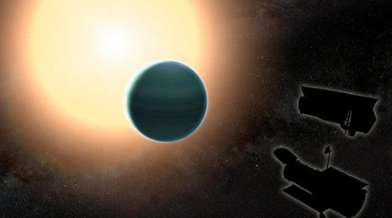 The atmosphere of the distant 'warm Neptune' HAT-P-26b, illustrated here, is unexpectedly primitive, composed primarily of hydrogen and helium. By combining observations from NASA's Hubble and Spitzer space telescopes, researchers determined that, unlike Neptune and Uranus, the exoplanet has relatively low metallicity, an indication of the how rich the planet is in all elements heavier than hydrogen and helium. Credit NASA/GSFC