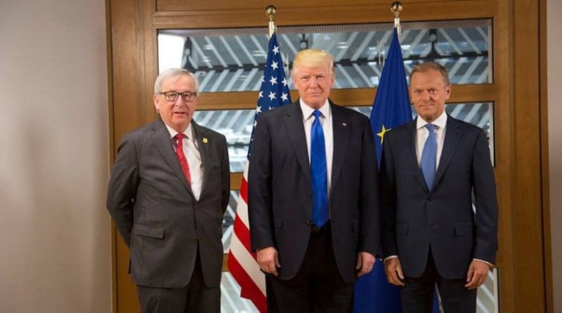 President Donald Trump poses for a photo with European Union leaders, President Jean-Claude Juncker and European Council President Donald Tusk, Thursday, May 25, 2017, at the European Union Headquarters in Brussels, prior to the start of their bilateral meeting. (Official White House Photo by Shealah Craighead)