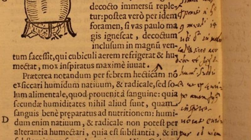 Santorio's marginal note to col. 406C-D, in Santorio Santori, Commentaria In Primam Fen Primi Libri Canonis Avicennae (Venice, 1625), British Library, 542.h.11. Credit Santorio's marginal note to col. 406C-D, in Santorio Santori, Commentaria In Primam Fen Primi Libri Canonis Avicennae (Venice, 1625), British Library, 542.h.11. Courtesy of the British Library.