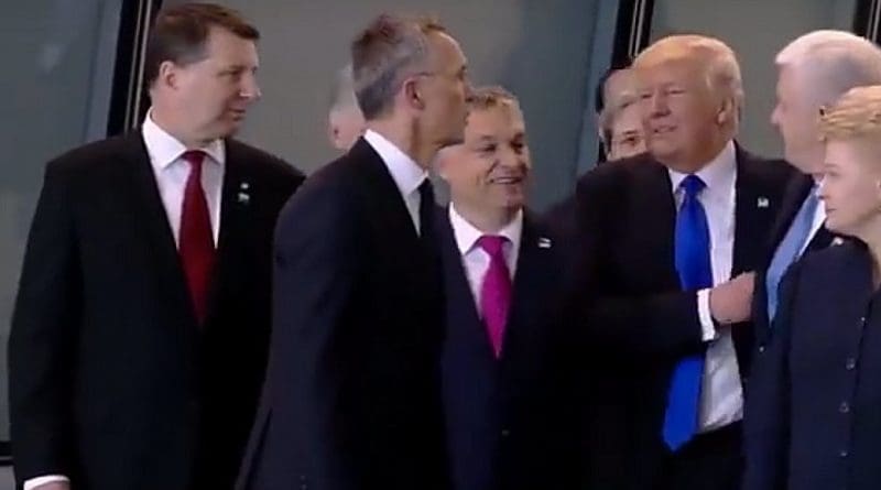US President Donald Trump pushes past Montenegro's Prime Minister Dusko Markovic. Screenshot from Pool Photo.