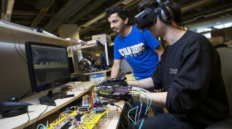A glove powered by soft robotics is allowing these Ph.D. students to play piano in VR. Credit: Jacobs School of Engineering/UC San Diego