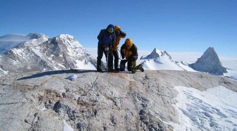 These are researchers drilling a bedrock core in West Antarctica. Credit David Sugden