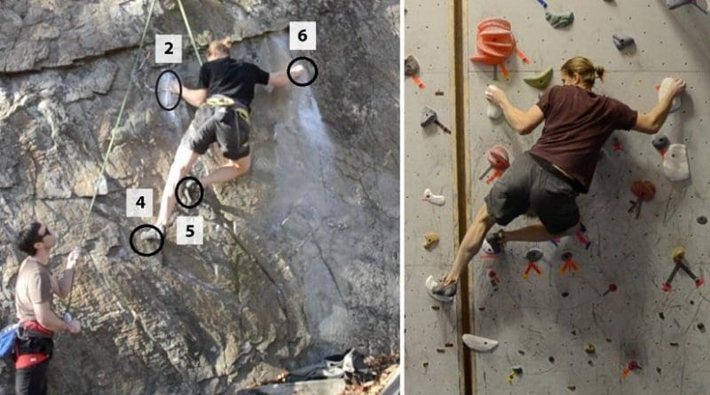 This is a crux of an outdoor climbing route (left) vs. one using fabricated holds (right). Credit Images provided by the study's co-authors.