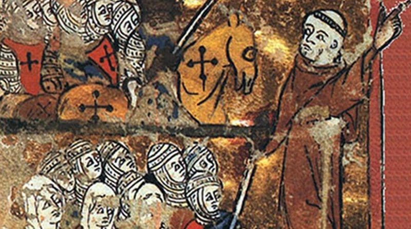 A medieval image of Peter the Hermit leading knights, soldiers, and women toward Jerusalem during the First Crusade