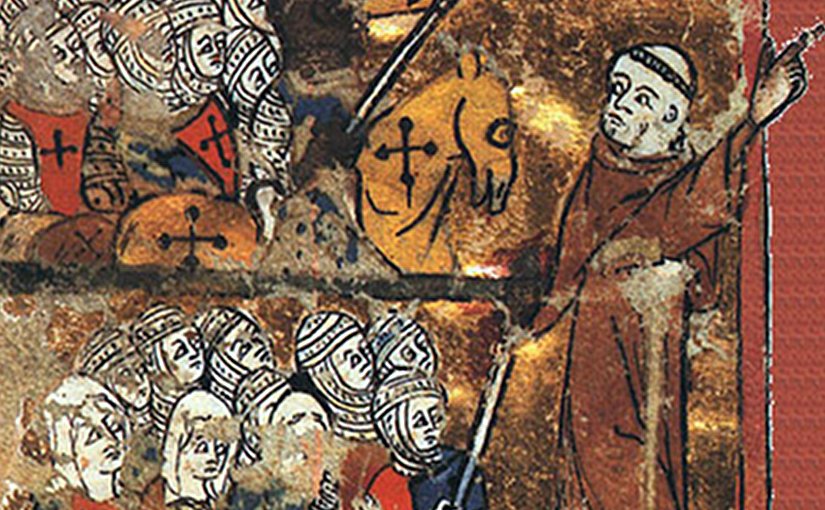 A medieval image of Peter the Hermit leading knights, soldiers, and women toward Jerusalem during the First Crusade