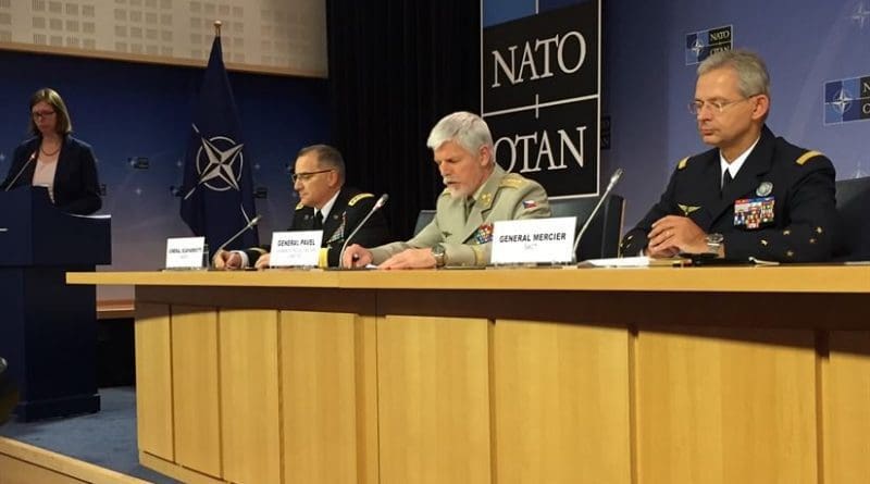 Left to right: U.S. Army Gen. Curtis M. Scaparrotti, NATO's supreme allied commander Europe; Gen. Petr Pavel of the Czech army, the chairman of the NATO Military Committee; and Gen. Denis Mercier of the French air force, NATO's supreme allied commander for transformation, brief the reporters after a meeting of the alliance Military Committee in Brussels, May 17, 2017. DoD photo by Jim Garamone
