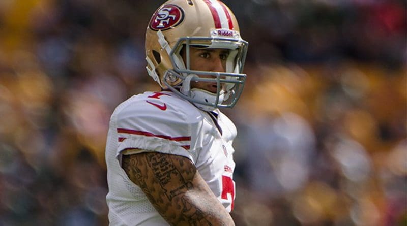 Colin Kaepernick with the San Francisco 49ers. Photo by Mike Morbeck, Wikipedia Commons.