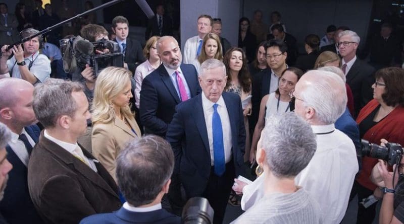 Defense Secretary James Mattis informally speaks to the media before holding a press briefing at the Pentagon to update the media on the campaign against the Islamic State of Iraq and Syria, May 19, 2017. DoD photo by Navy Petty Officer 2nd Class Dominique A. Pineiro