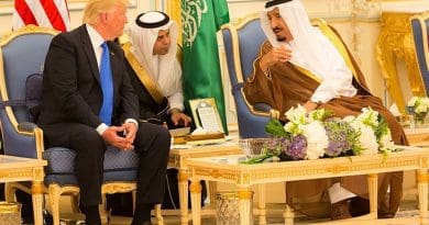 President Donald Trump and King Salman bin Abdulaziz Al Saud of Saudi Arabia talk together during ceremonies, Saturday, May 20, 2017, at the Royal Court Palace in Riyadh, Saudi Arabia. (Official White House Photo Shealah Craighead)