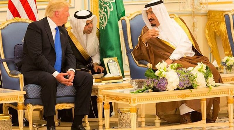 President Donald Trump and King Salman bin Abdulaziz Al Saud of Saudi Arabia talk together during ceremonies, Saturday, May 20, 2017, at the Royal Court Palace in Riyadh, Saudi Arabia. (Official White House Photo Shealah Craighead)