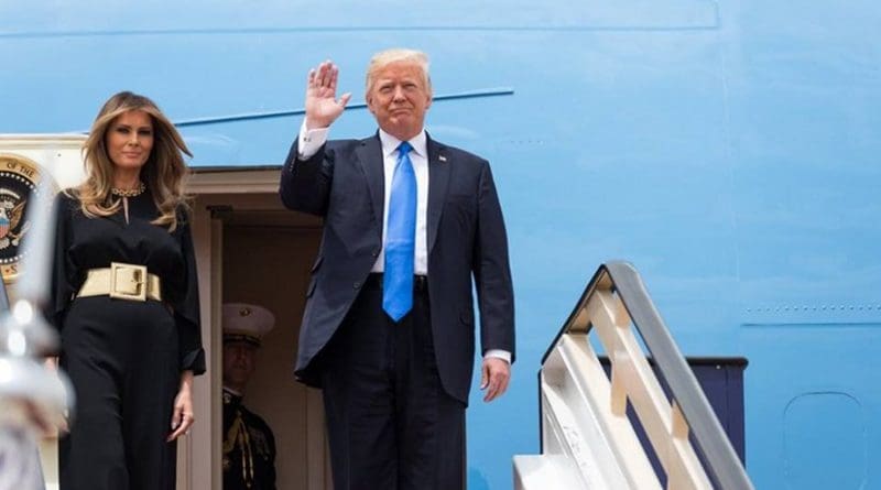 President Donald Trump waves as he and First Lady Melania Trump arrive, Saturday, May 20, 2017, to King Khalid International Airport in Riyadh, Saudi Arabia. (Official White House Photo by Shealah Craighead)