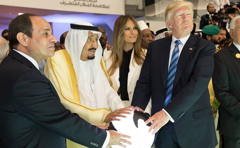 President Donald Trump and First Lady Melania Trump join King Salman bin Abdulaziz Al Saud of Saudi Arabia, and the President of Egypt, Abdel Fattah Al Sisi, Sunday, May 21, 2017, to participate in the inaugural opening of the Global Center for Combating Extremist Ideology. (Official White House Photo by Shealah Craighead)