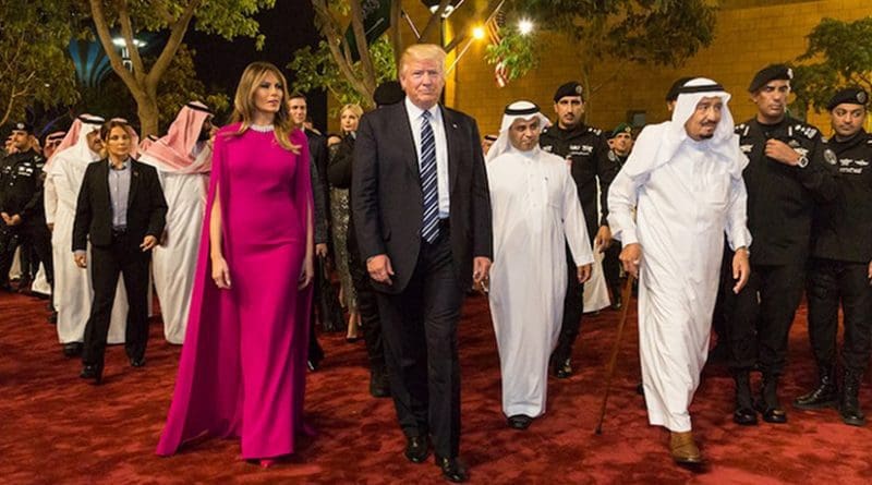 President Donald Trump and First Lady Melania Trump arrive to the Murabba Palace, escorted by King Salman bin Abdulaziz Al Saud of Saudi Arabia, Saturday evening, May 20, 2017, in Riyadh, Saudi Arabia, to attend a banquet in their honor. (Official White House Photo by Shealah Craighead)