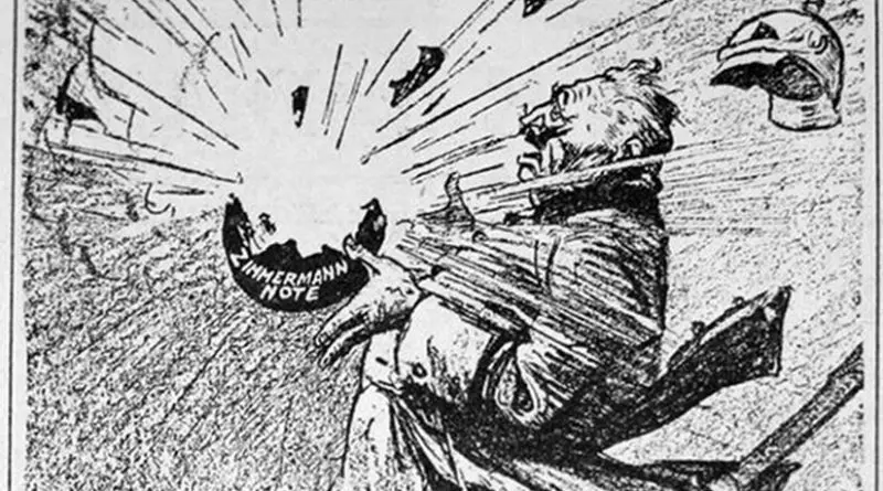 "Exploding in his hands" - a political cartoon about the Zimmerman Telegram by Rollin Kirby, March 17, 1917.