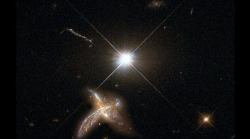 This is an artist's impression of a quasar and neighboring merging galaxy. The galaxies observed by the team are so distant that no detailed images are possible at present. This combination of images of nearby counterparts gives an impression of how they might look in more detail. Credit The image was created by the Max Planck Institute for Astronomy using material from the NASA/ESA Hubble Space Telescope.