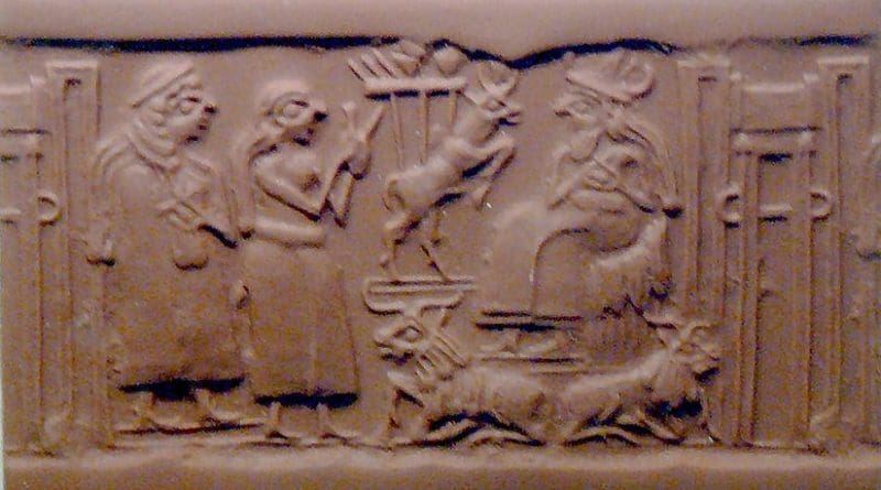 Domesticated animals on a Sumerian cylinder seal. 2500 BC. Source: Wikipedia Commons.