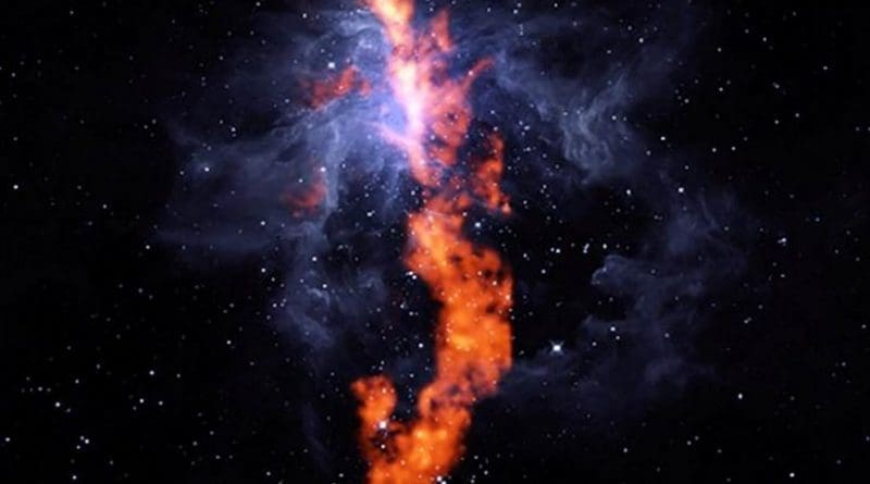 In this composite image combining GBT radio and WISE infrared observations, the filament of ammonia molecules appears red and Orion Nebula gas appears blue. Credit Image: R. Friesen, Dunlap Institute; J. Pineda, MPIP; GBO/AUI/NSF