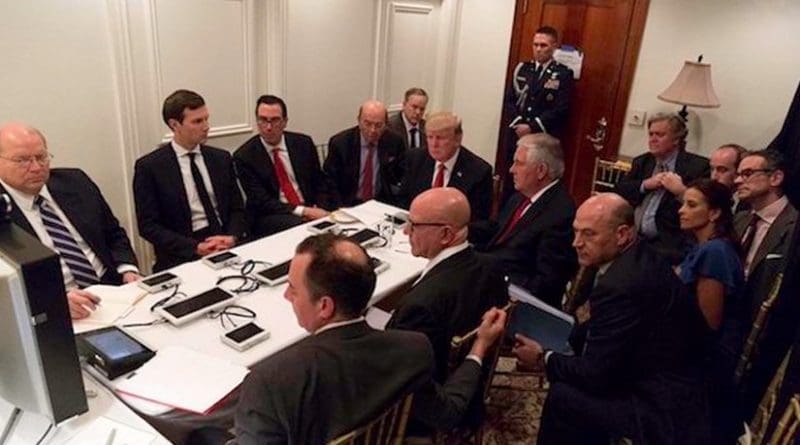 President Donald Trump with senior advisors in a makeshift situation room at Trump’s Mar a Lago estate in Florida, April 7, 2017. (White House photo)