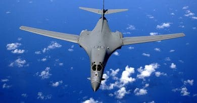 File photo of a B-1B flying over the Pacific Ocean. United States Air Force photo by Staff Sgt. Bennie J. Davis III, Wikipedia Commons.