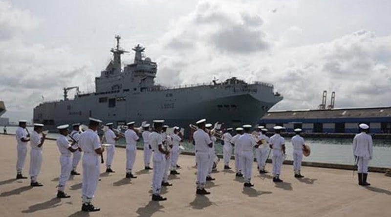 French naval ships ‘Mistral’ and ‘Courbet’ arrive at the Colombo harbor, Sri Lanka on goodwill visit. Source: Sri Lanka government.