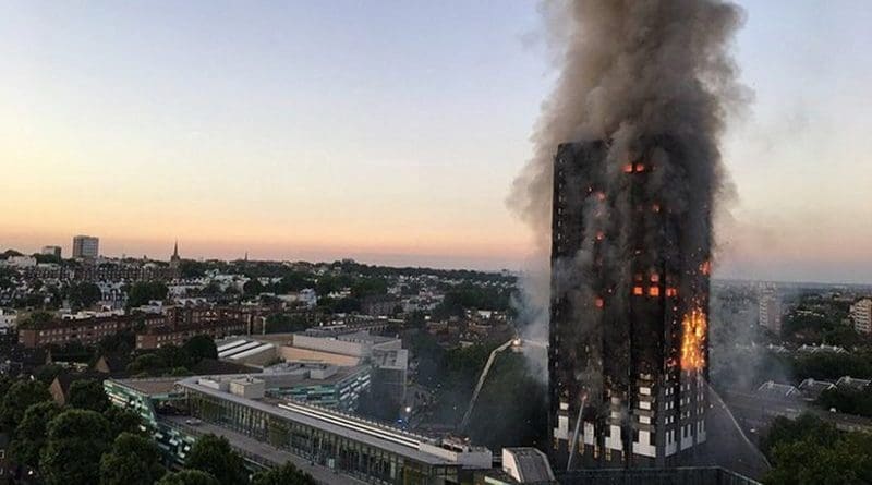 Grenfell Tower fire in London, United Kingdom. Photo by Natalie Oxford, Wikipedia Commons.
