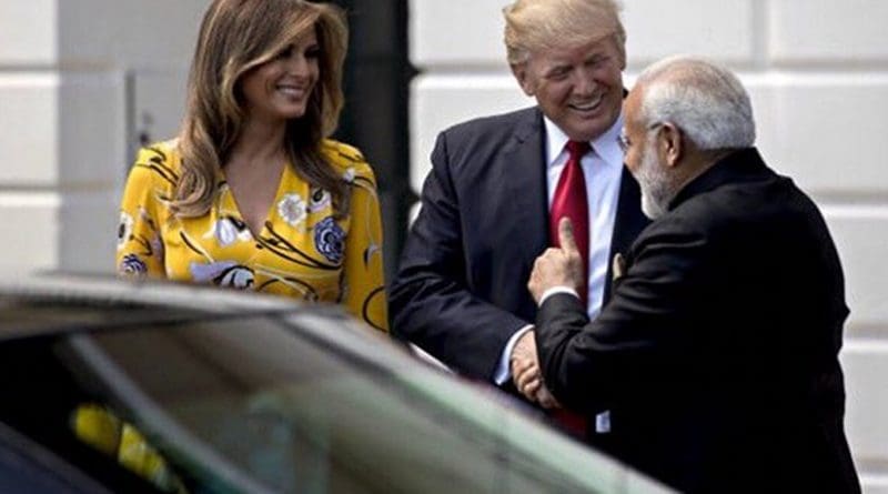 US President Donald Trump and First Lady Melania Trump greet India's Prime Minister Narendra Modi. Photo Credit: White House